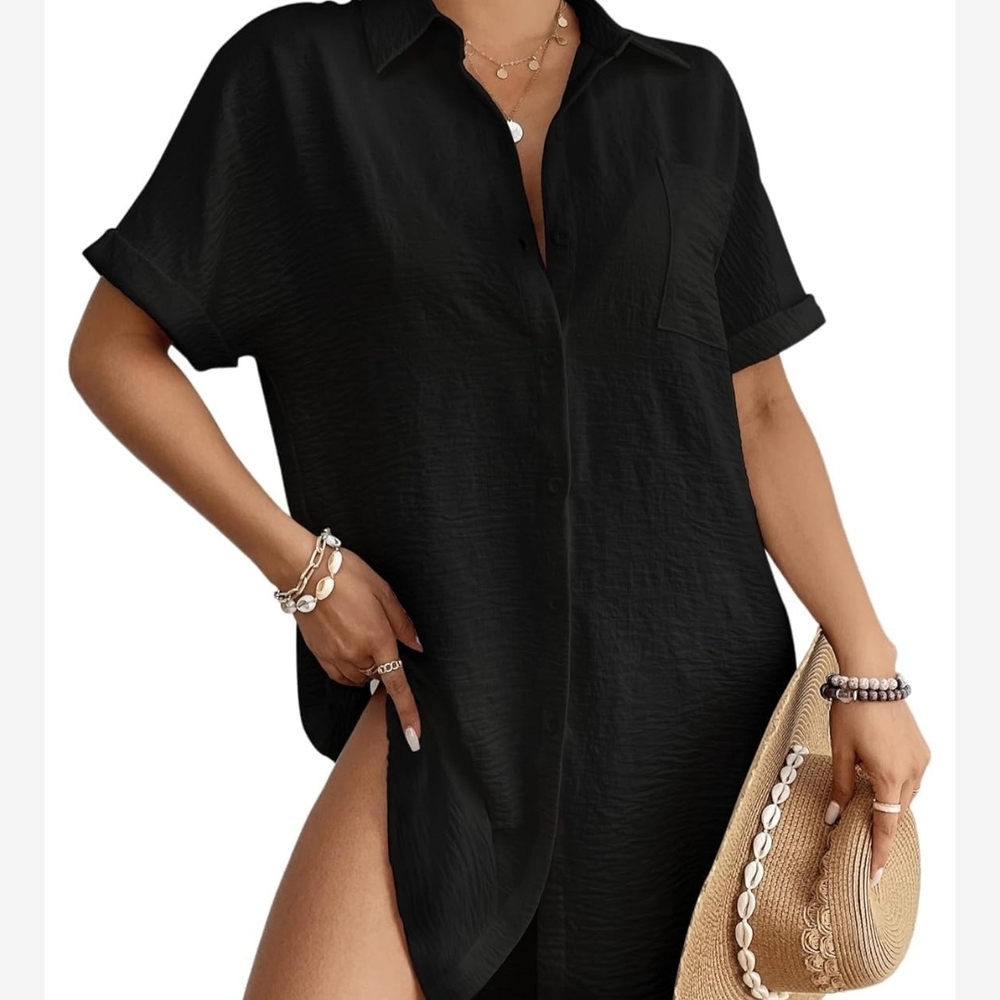 Stunning Flowy Black‎ Women's Swim Cover-Up- Size Medium Button Up